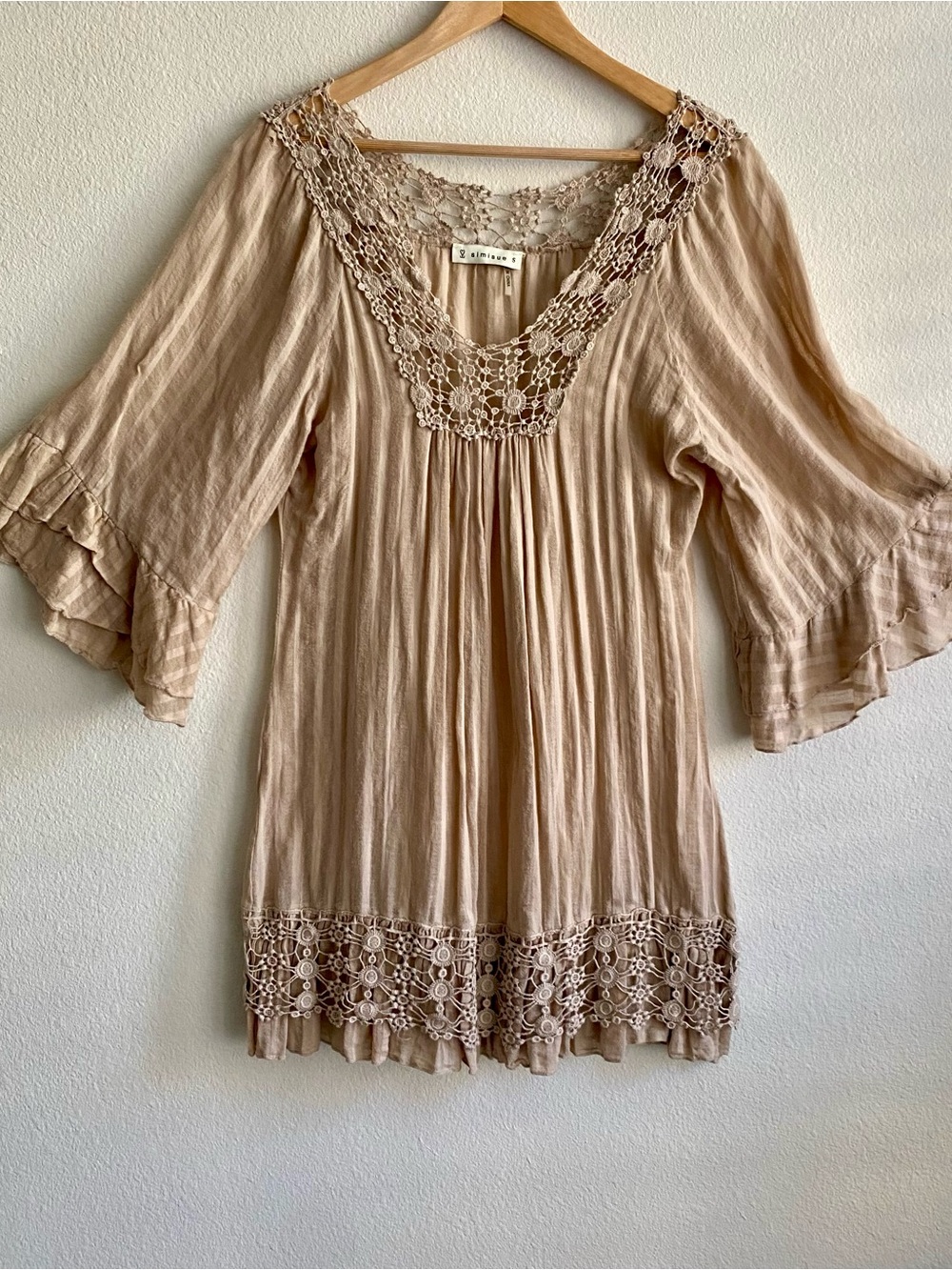 Boho Crochet-Trim Tunic Top or Mini Dress in Beige 100% Cotton fairy cottagecore